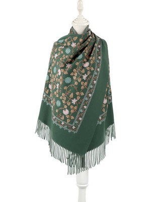 Bursa İpek Yeşil Nakışlı Kışlık Şal