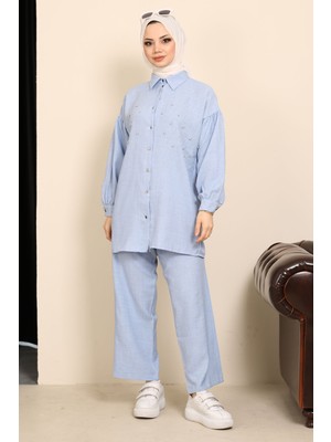 Bebe Mavi Taşlı Kol Detaylı Keten Takım