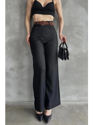 Bacc Siyah Beli Kemerli Keten Pantolon