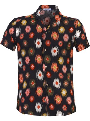 Exve Exclusive Siyah Üzeri Renkli Etnik Desen Dijital Baskı Oversize Rahat Kesim Kısa Kollu Salaş Gömlek