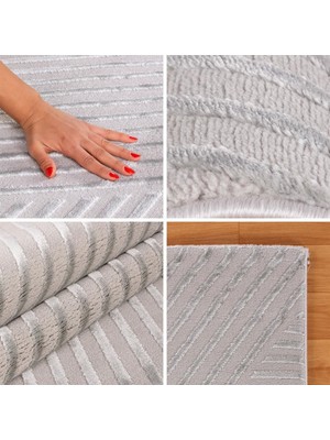 Carpettex Yumuşak Kabartmalı Zigzag Desenli Iskandinav Bohem Tarzı Halı Gümüş Grisi Tonlarında