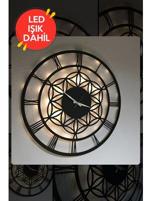 LED Işıklı Çiçek Duvar Saati Sessiz Dekoratif Modern Siyah Ahşap Duvar Saati 40X40CM