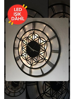 LED Işıklı Çiçek Duvar Saati Sessiz Dekoratif Modern Siyah Ahşap Duvar Saati 40X40CM