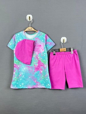 Bilge Trend Kız Çocuk  Üst , Bone , Tayt 3 Parça Yarı Tesettür  Deniz Havuz Mayo Seti