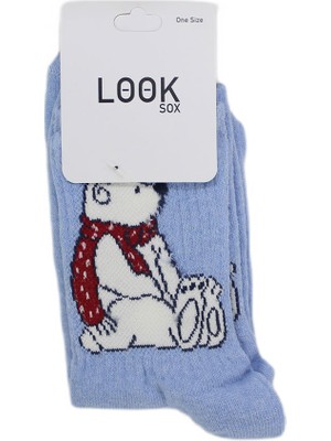 Look Socks Atkılı Ayıcık Karakter Desenli Mavi Kolej Çorap