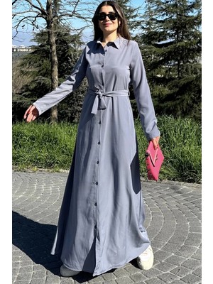 New Laviva Kadın Gri Kupra Kumaş, Uzun Kol, Beli Kuşaklı, Vucüda Oturan Kalıp, Uzun Gömlek Elbise
