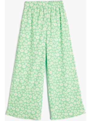 Koton Bol Paça Pantolon Kız Çocuk Beli Lastikli Dokulu Çiçekli Yeşil Renkli Model