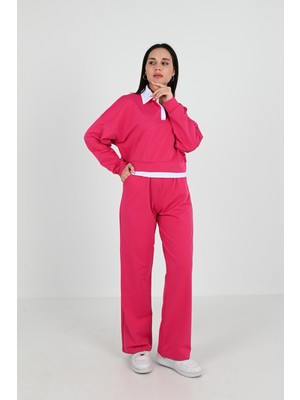 Koza Kadın Bol Paça Eşofman Takımı Fuşya Polo Yaka M Yüksek Pamuklu Şık ve Rahat