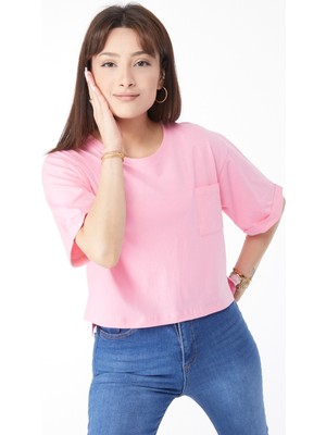 Tofisa Düz Bisiklet Yaka Kadın Pembe Cepli Yırtmaçlı T-Shirt - 24790