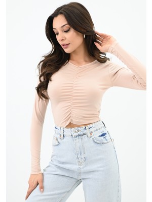 Koza Kadın Büzgülü Uzun Kollu Croptop Bluz 1654-24