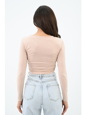 Koza Kadın Büzgülü Uzun Kollu Croptop Bluz 1654-24