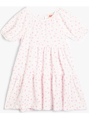 Koton Çiçekli Elbise Kısa Balon Kollu Yuvarlak Yaka Katlı