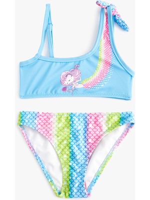 Koton Bikini Takımı Deniz Kızı Baskılı Tek Omuz Ince Askı Detaylı