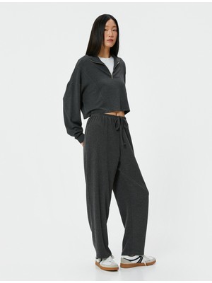 Koton Beli Bağcıklı Pantolon Bürümcük Kumaş Normal Bel