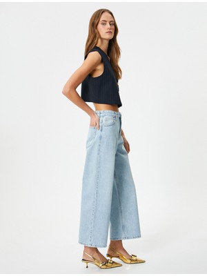 Koton Geniş Kısa Paça Kot Pantolon Standart Bel Pamuklu Cepli - Bianca Crop Jean