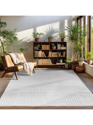 Carpettex Kabartmalı Yumuşak Karo Desenli Iskandinav Bohem Tarzı Halı Gümüş Tonlarında