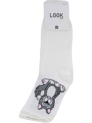 Look Socks Kedi Karakter Desenli Beyaz Kolej Çorap 3 Çift