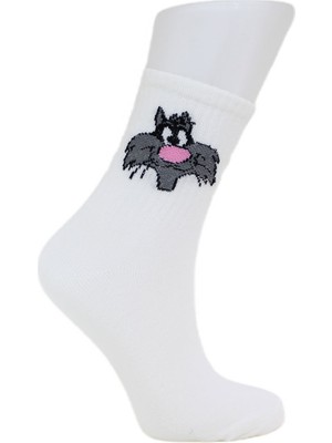 Look Socks Tom ve Jerry Karakter Desenli Beyaz Kolej Çorap