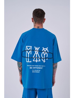 Machinist Erkek Fermuar Detay Baskılı Oversize Açık Mavi Tişört