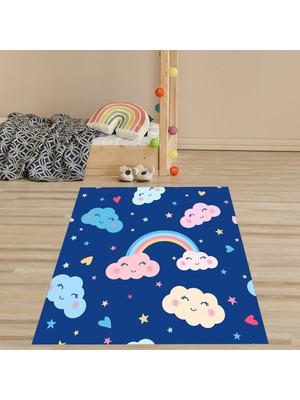 Pelangi Gökkuşağı Yıldız Bulut Desenli Dijital Baskı Yıkanabilir Kaymaz Taban Leke Tutmaz Çocuk Odası Halısı