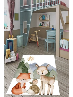 Pelangi Ormandaki Hayvanlar Ağaç Güneş Yıkanabilir Kaymaz Taban Leke Tutmaz Çocuk Odası Halısık