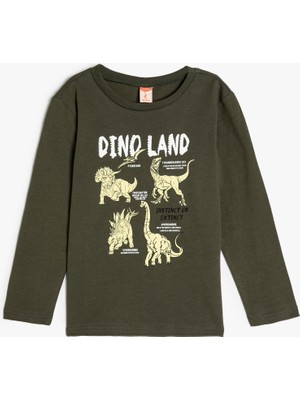 Koton Dinozorlu Tişört Uzun Kollu Bisiklet Yaka Pamuklu