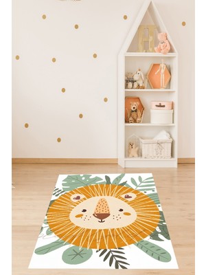 Pelangi Sevimli Aslan ve Tropikal Yapraklar Desenli Yıkanabilir Kaymaz Taban Leke Tutmaz Çocuk Odası Halısık