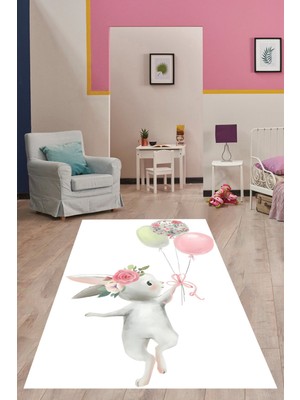 Pelangi Beyaz Zemin Balonlu Tavşan Desenli Yıkanabilir Kaymaz Taban Leke Tutmaz Çocuk Odası Halısı