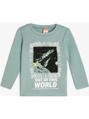 Koton Tişört Uzay Temalı Uzun Kollu Bisiklet Yaka Pamuklu