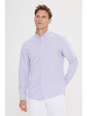 Altınyıldız Classics Erkek Lila Slim Fit Dar Kesim Gofre Desenli Düğmeli Yaka Oxford Gömlek