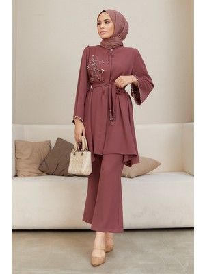 Vavinor Luna Taş Işlemeli Takım - Gül Kurusu