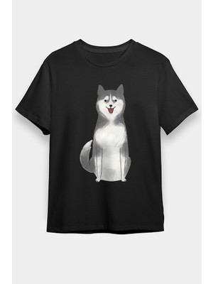 Darkhane Şirin Sibirya Kurdu Husky Haski Siyah Unisex Tişört T-Shirt