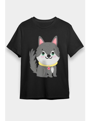 Darkhane Sevimli Sibirya Kurdu Husky Haski Siyah Unisex Tişört T-Shirt