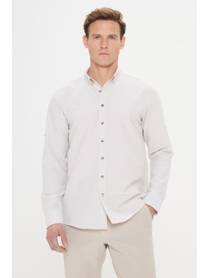 Altınyıldız Classics Erkek Bej Slim Fit Dar Kesim Gofre Desenli Düğmeli Yaka Oxford Gömlek