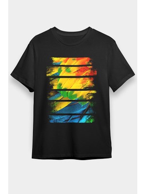 Darkhane Renkli Papağan Kanadı Siyah Unisex Tişört T-Shirt