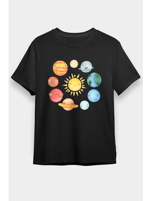 Darkhane Güneş Sistemi Gezegenler Siyah Unisex Tişört T-Shirt