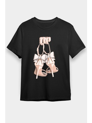 Darkhane Arkadan Fiyonklu Stiletto Fashion Siyah Unisex Tişört T-Shirt