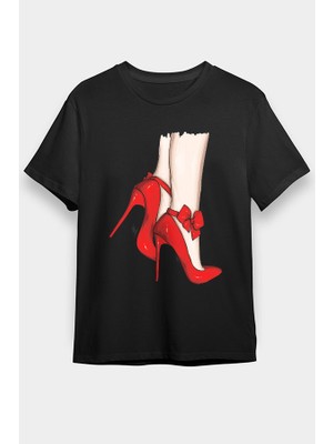 Darkhane Kırmızı Bantlı Ayakkabı Stili Siyah Unisex Tişört T-Shirt