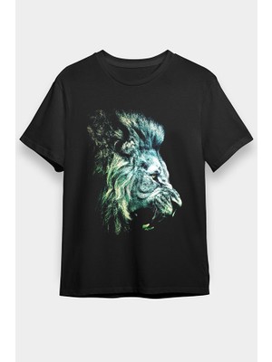 Darkhane Yeşil Kükreyen Aslan Siyah Unisex Tişört T-Shirt