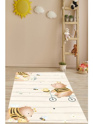 Pelangi Bisiklet Süren Sevimli Ayıcık Yıkanabilir Kaymaz Taban Leke Tutmaz Çocuk Odası Halısı