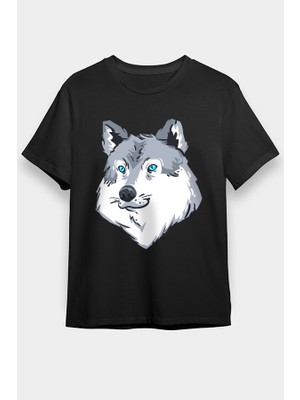 Darkhane Mavi Gözlü Köpek Sibirya Kurdu Husky Haski Siyah Unisex Tişört T-Shirt