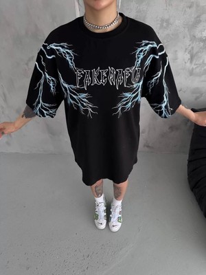 Tarz Yeri Unisex Bisiklet Yaka Baskılı Oversize T-Shirt - Siyah