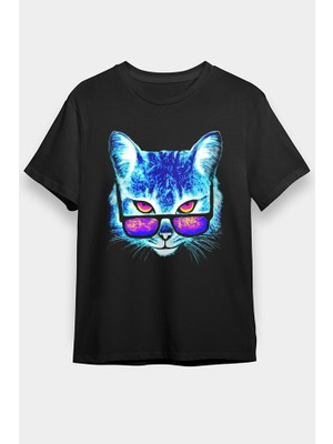 Darkhane Gözlüklü Kedi Siyah Unisex Tişört T-Shirt