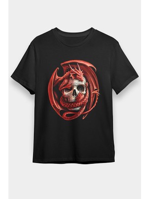 Darkhane Ejderha ve Kurukafa Siyah Unisex Tişört T-Shirt