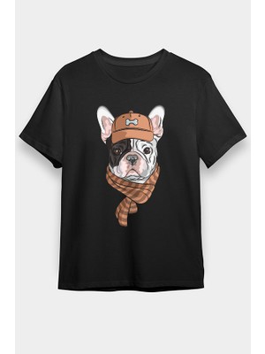 Darkhane Şapkalı Fransız Buldoğu Siyah Unisex Tişört T-Shirt