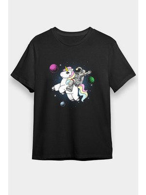 Darkhane Unicorn ve Astronot Siyah Unisex Tişört T-Shirt