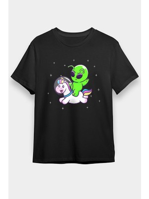 Darkhane Şirin Unicorn ve Alien Siyah Unisex Tişört T-Shirt