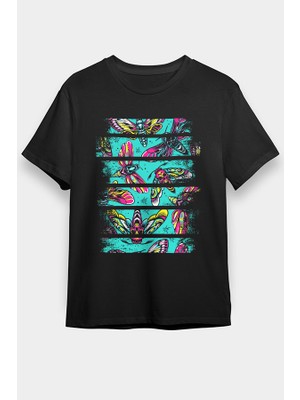 Darkhane Çok Renkli Kelebek Siyah Unisex Tişört T-Shirt