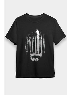 Darkhane Doğa ve Kurt Siyah Unisex Tişört T-Shirt