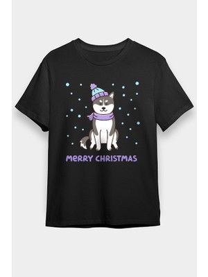 Darkhane Yılbaşı Sibirya Kurdu Husky Haski Siyah Unisex Tişört T-Shirt